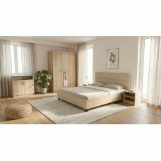 Dormitor Soft Sonoma cu pat tapitat bej pentru saltea 120x200 cm